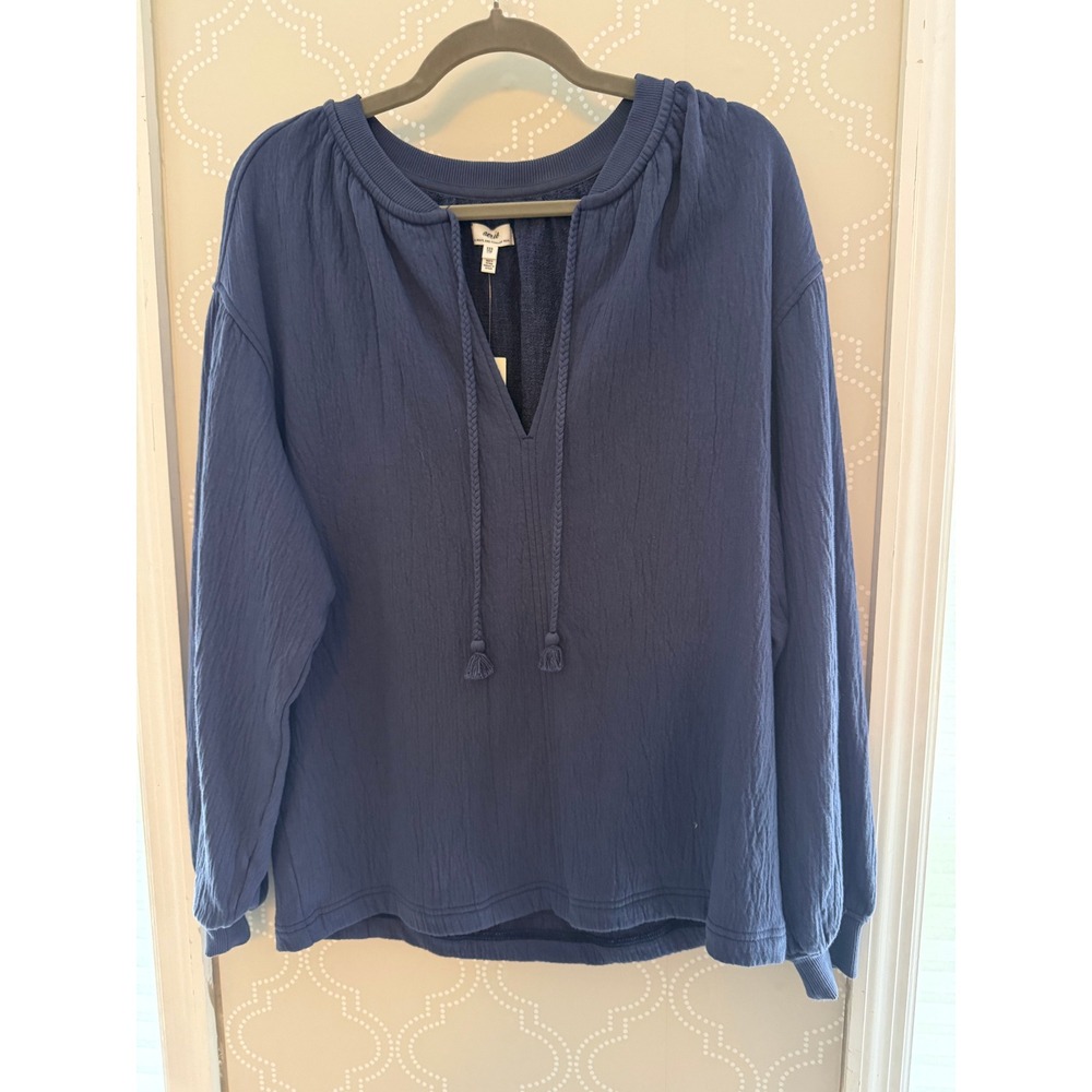 Aerie Textured Gauze Sweatshirt Split Neck Tassel Tie Navy Blue XXS NWT - Picture 3 of 12